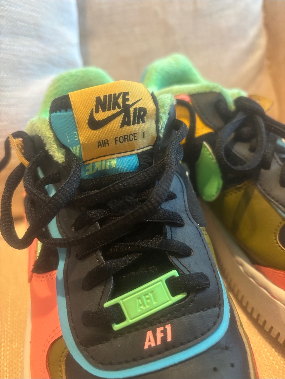 Nike Kids Air Force 1 Sneakers in Black, Teal, Neon Green & Coral